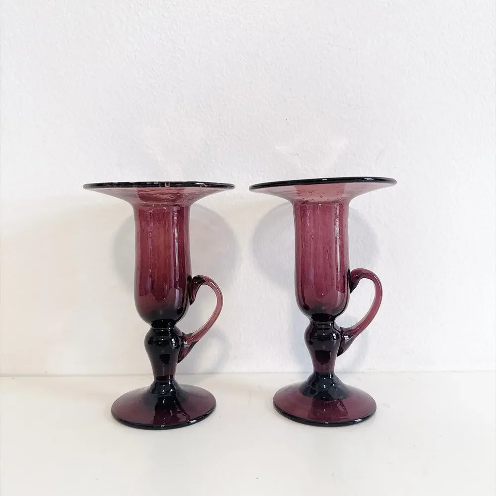 VTG LA VERRERIE DE BIOT FRENCH AMETHYST BUBBLE BLOWN GLASS PAIR CANDLE HOLDERS